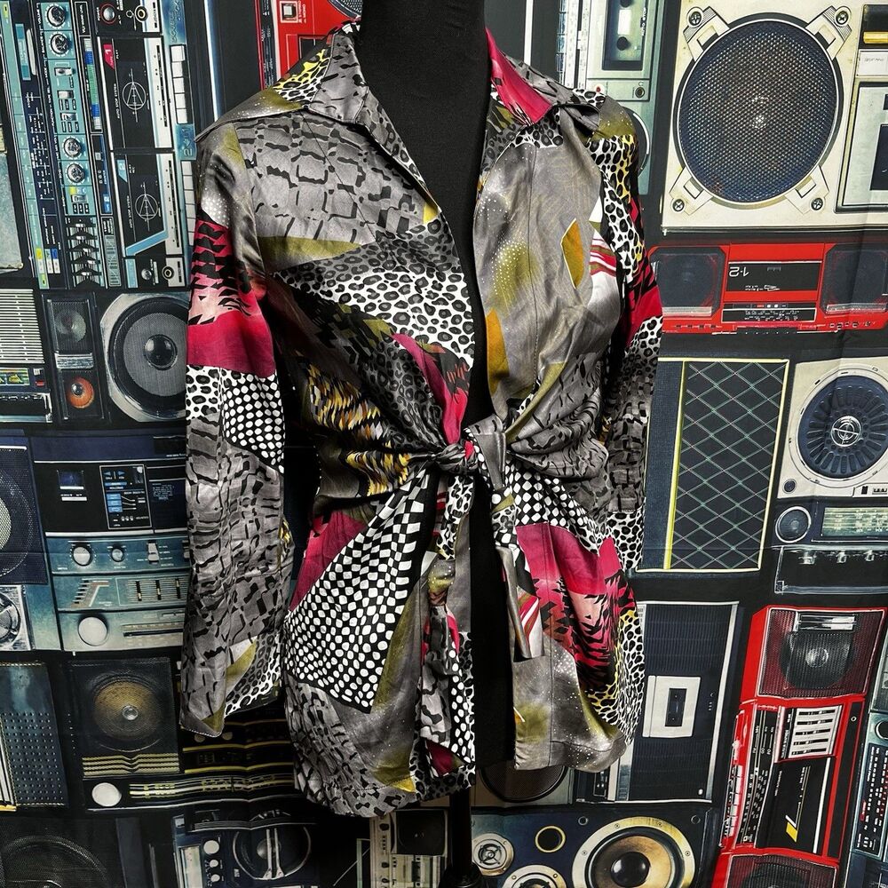 MISHCA Boho Artsy Multi Print Leopard Trendy Collar Tie Waist Open Front Size S